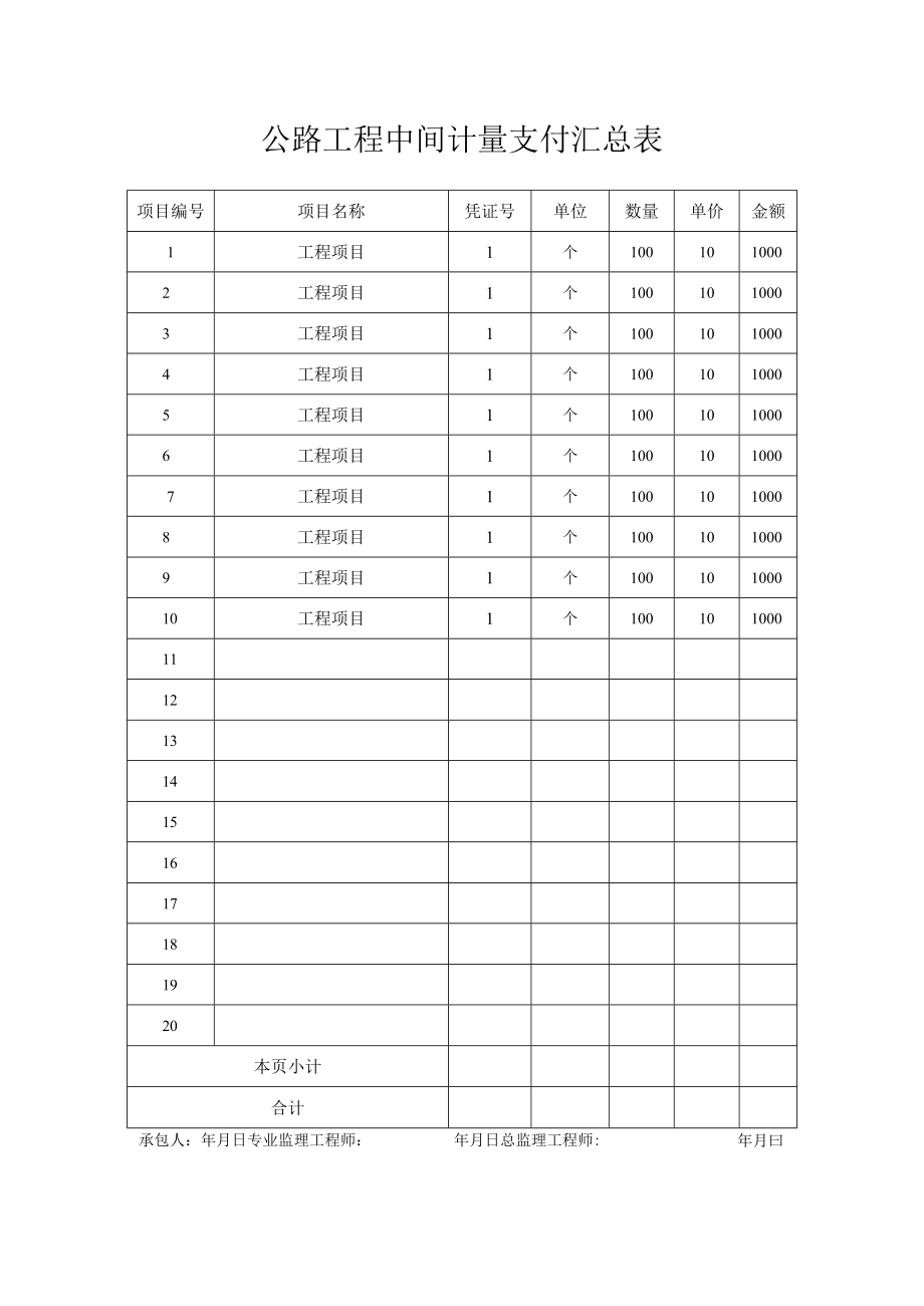 公路工程中间计量支付汇总表.docx_第1页