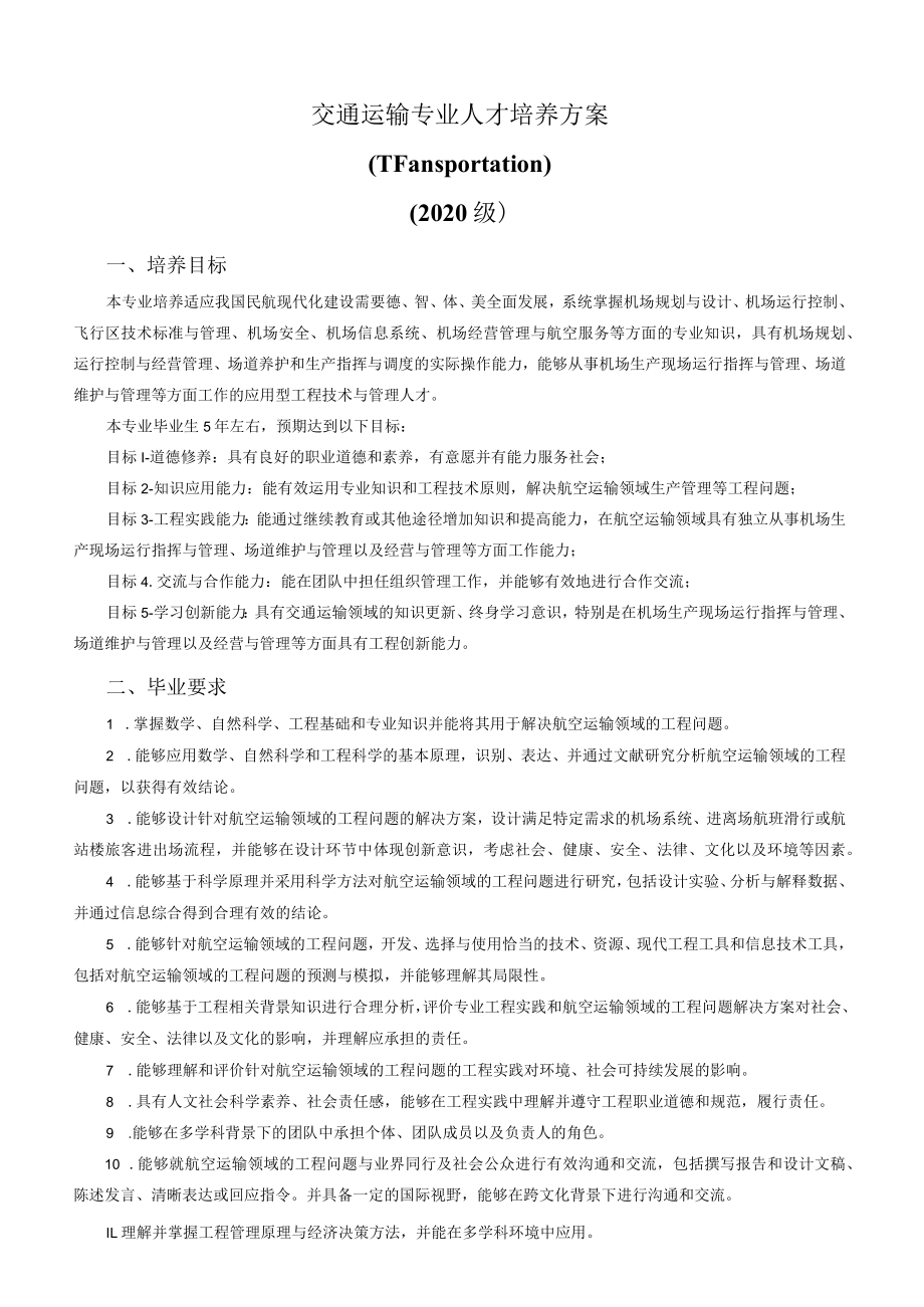 交通运输专业人才培养方案Transportation2020级.docx_第1页