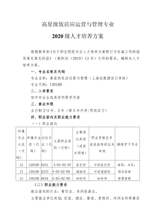 高星级饭店应运营与管理专业2020级人才培养方案.docx