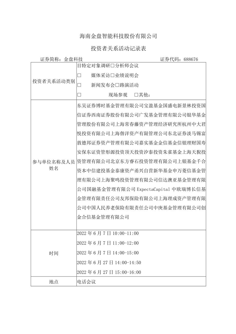 海南金盘智能科技股份有限公司投资者关系活动记录表.docx_第1页