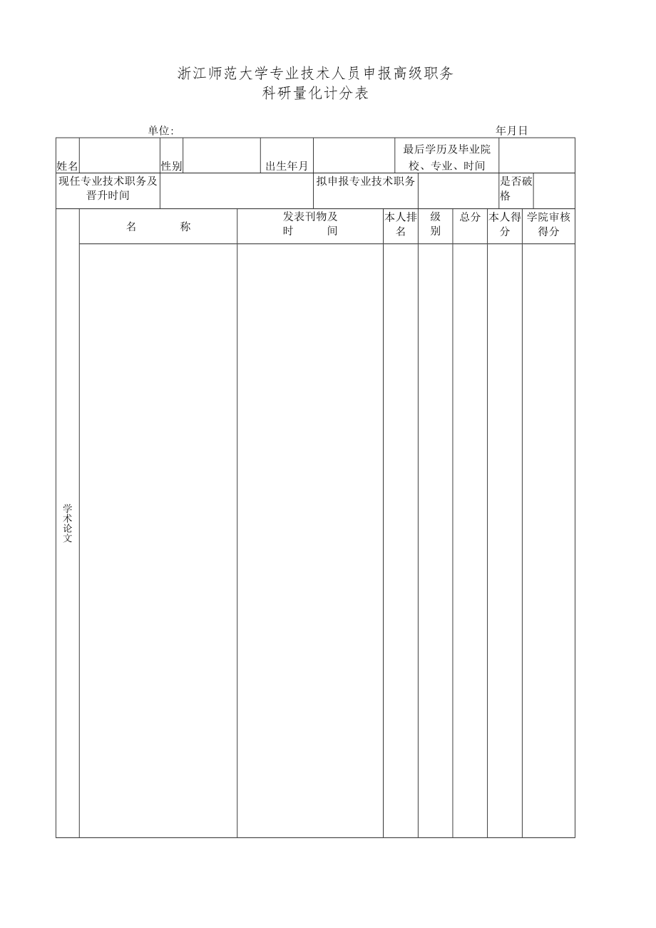 浙江师范大学专业技术人员申报高级职务科研量化计分表.docx_第1页