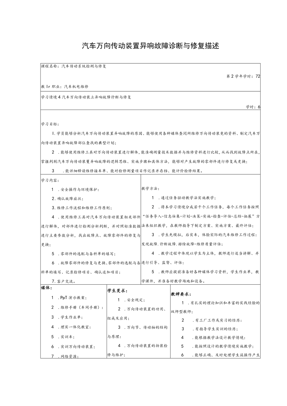 汽车万向传动装置异响故障诊断与修复描述.docx_第1页