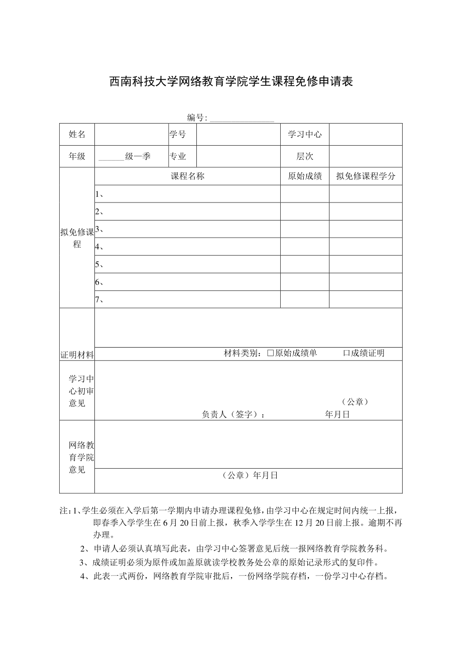 西南科技大学网络教育学院学生课程免修申请表.docx_第1页