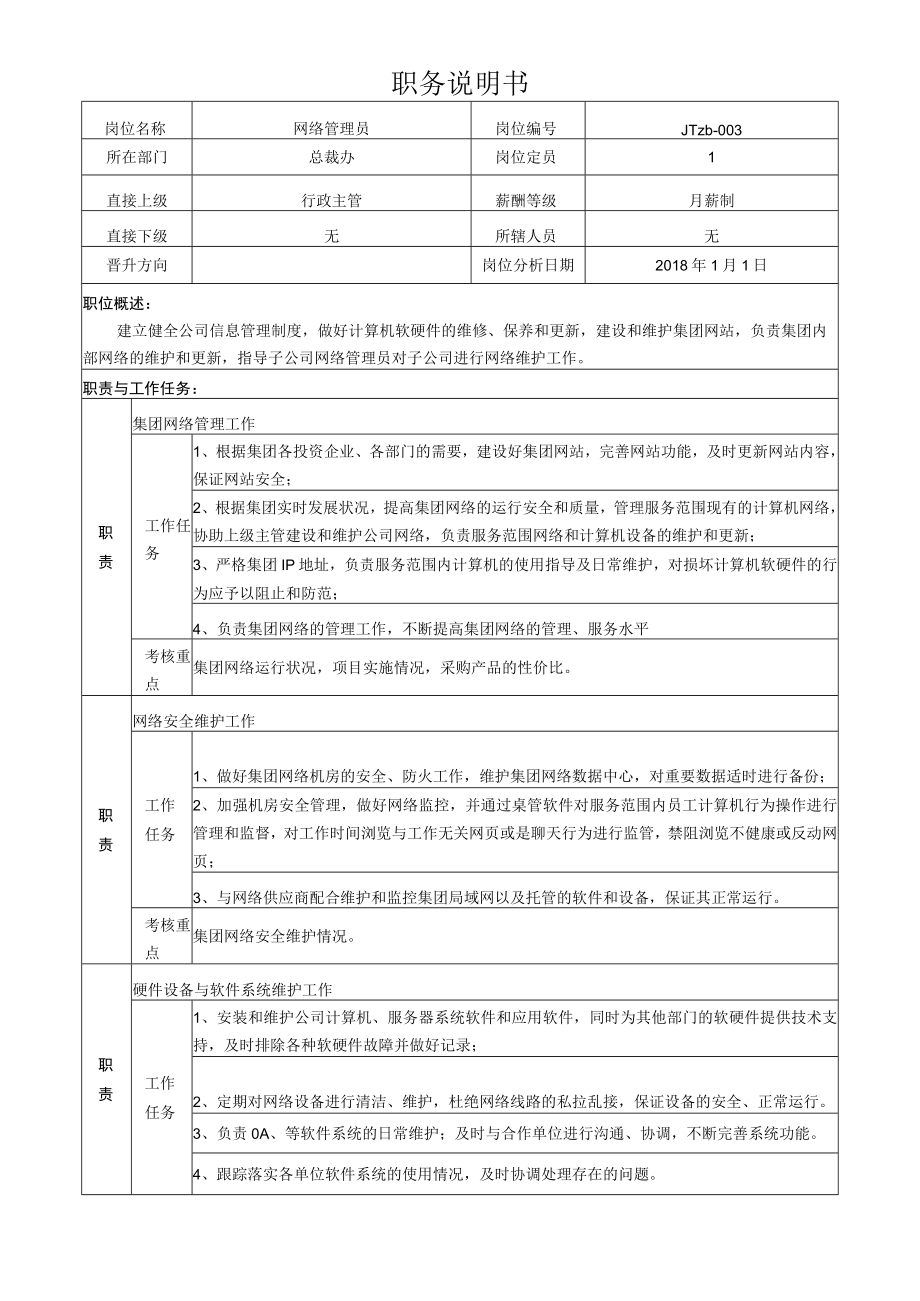 9网络管理员岗位说明书.docx_第1页