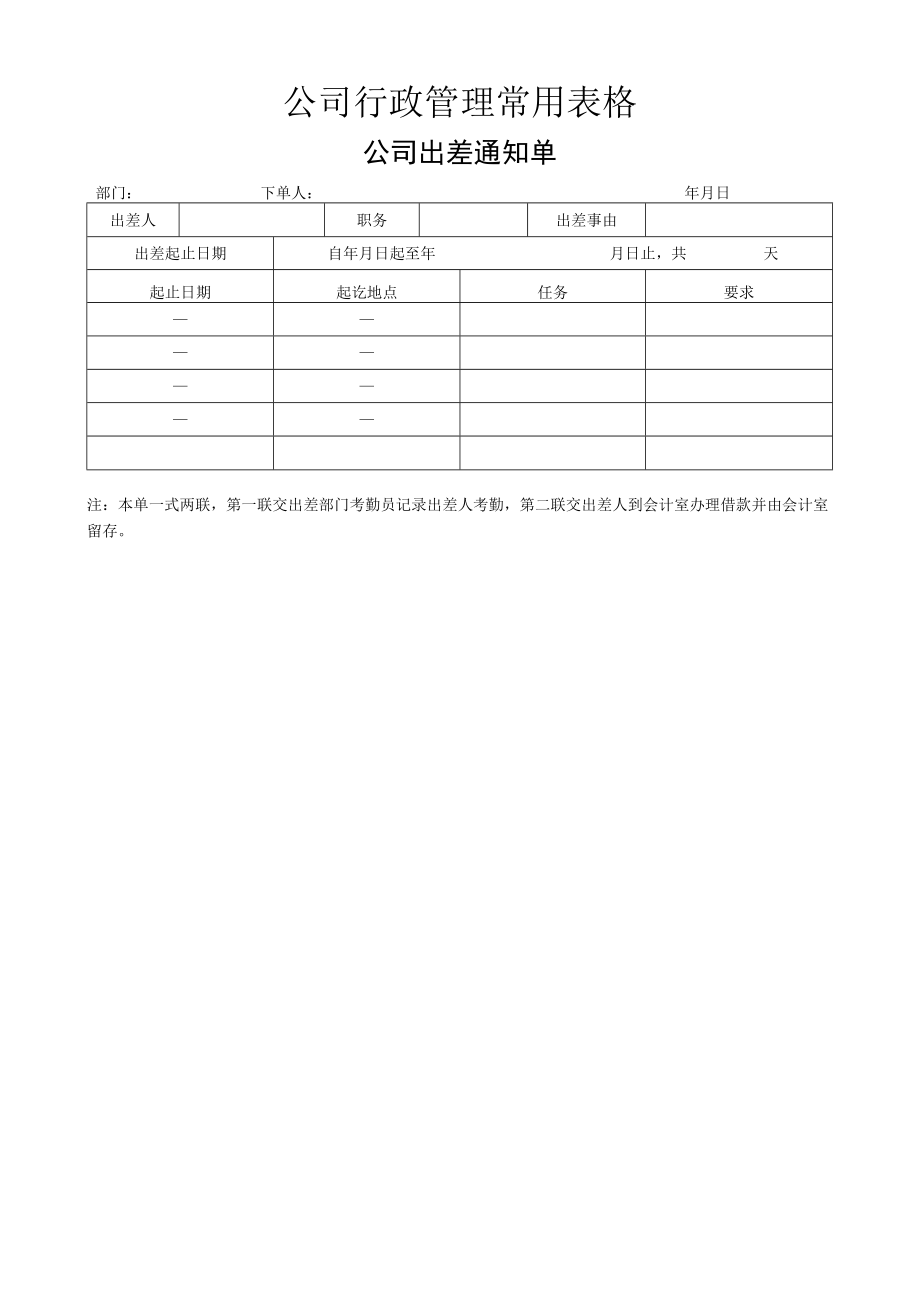 公司行政管理常用表格-公司出差通知单.docx_第1页