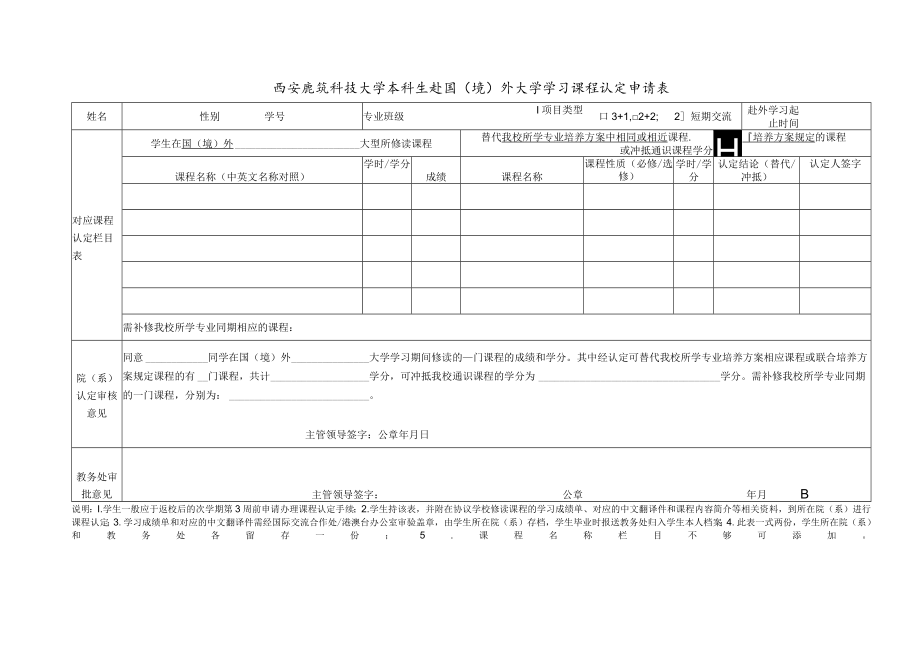 西安建筑科技大学本科生赴国境外大学学习课程认定申请表.docx_第1页