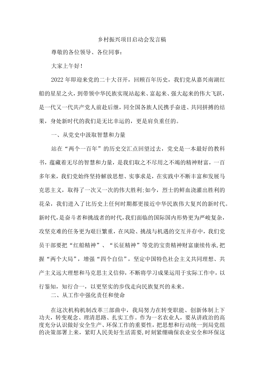 2023年乡村振兴项目启动会发言稿精品3篇 (合辑).docx_第1页