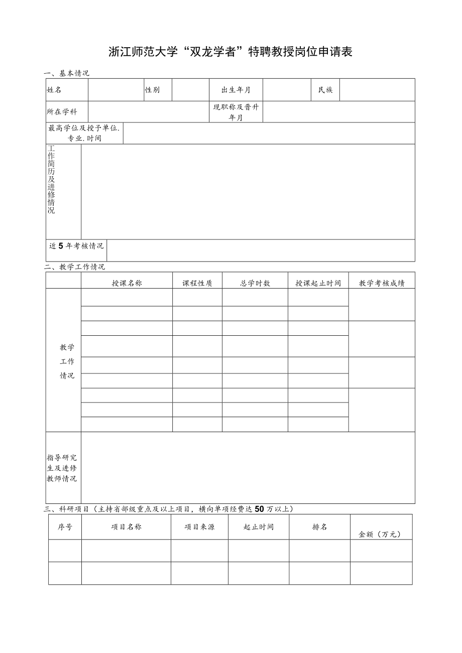 浙江师范大学“双龙学者”特聘教授岗位申请表.docx_第1页