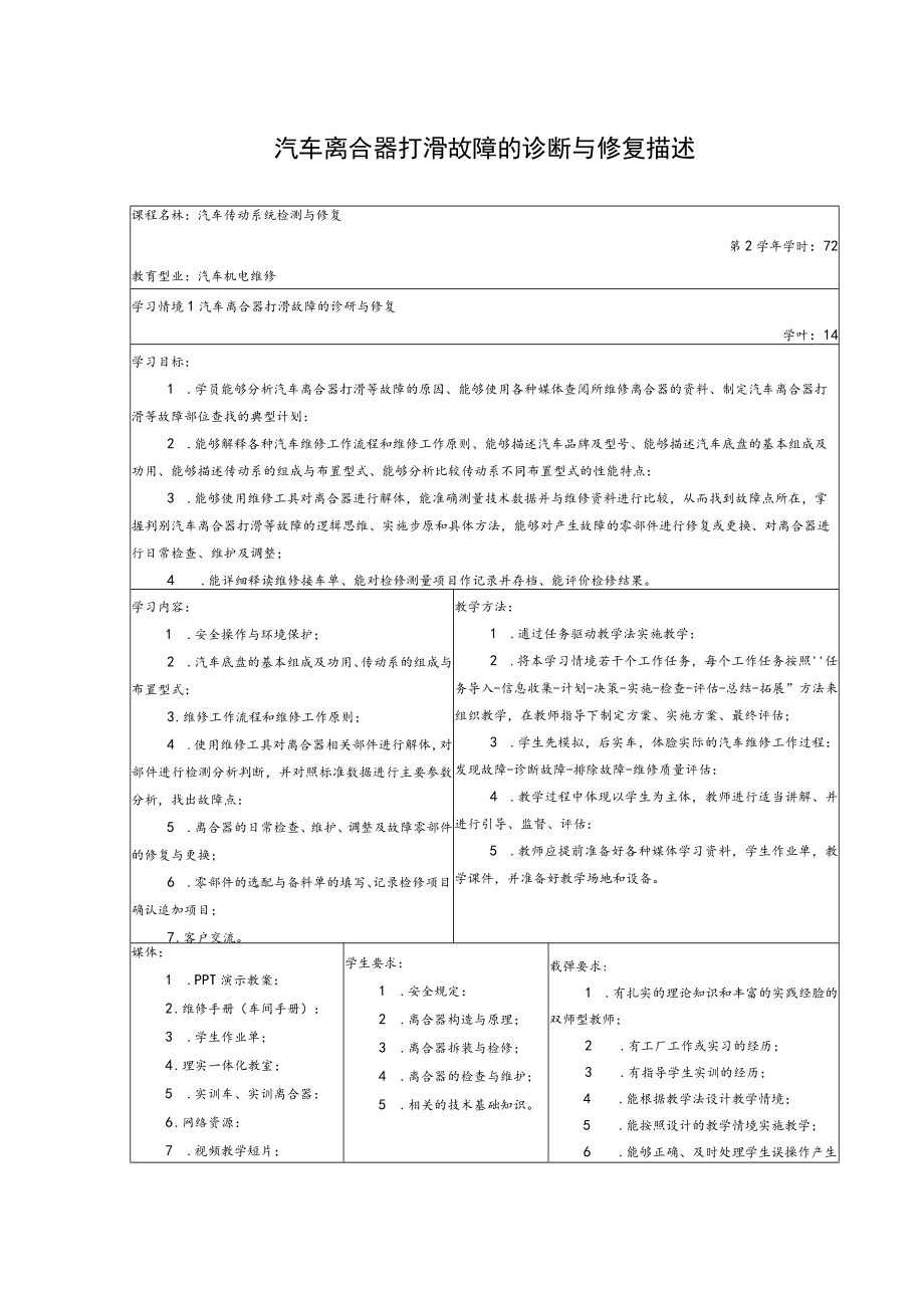 汽车离合器打滑故障的诊断与修复描述.docx_第1页