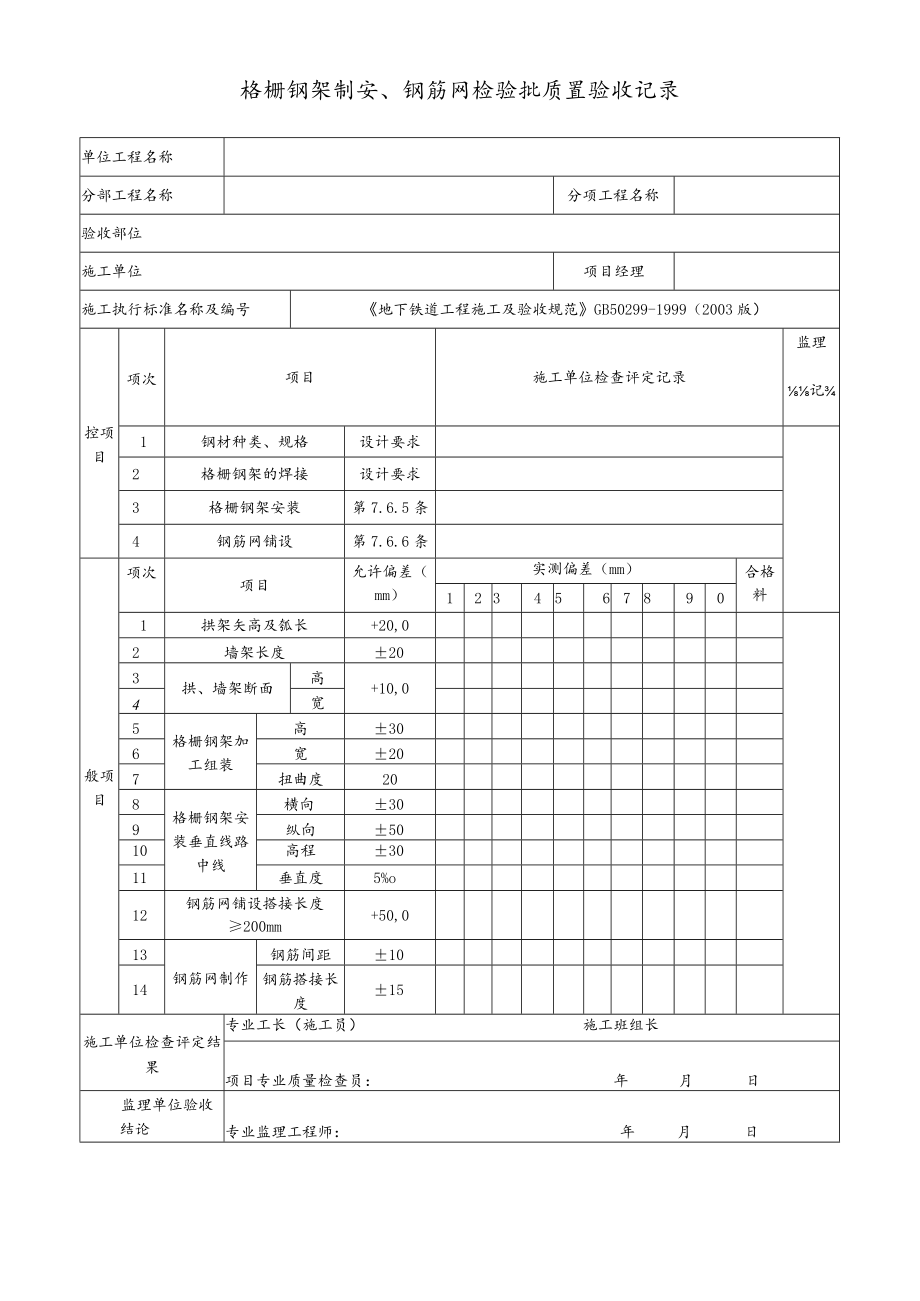 格栅钢架制安、钢筋网检验批质量验收记录.docx_第1页