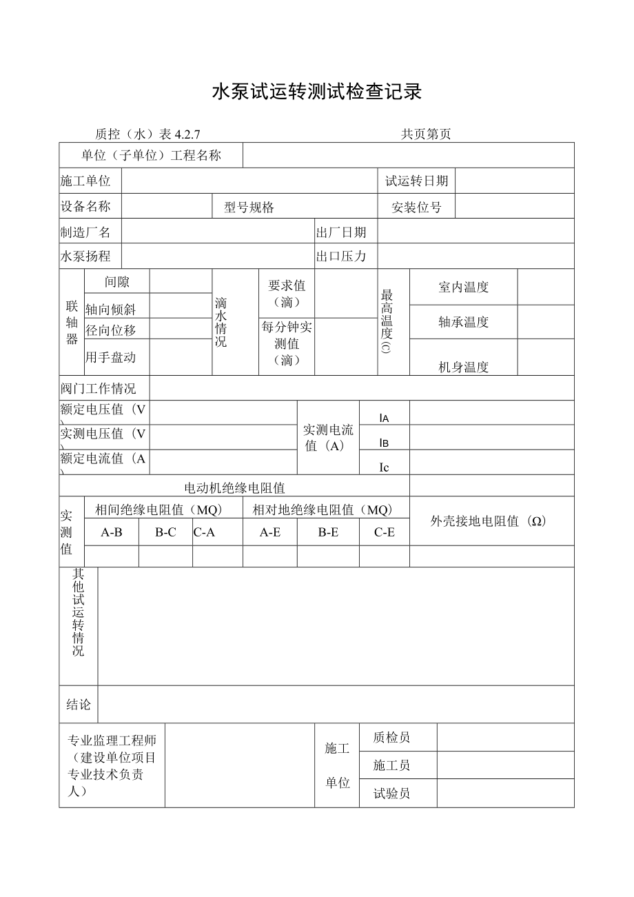 水泵试运转测试检查记录.docx_第1页