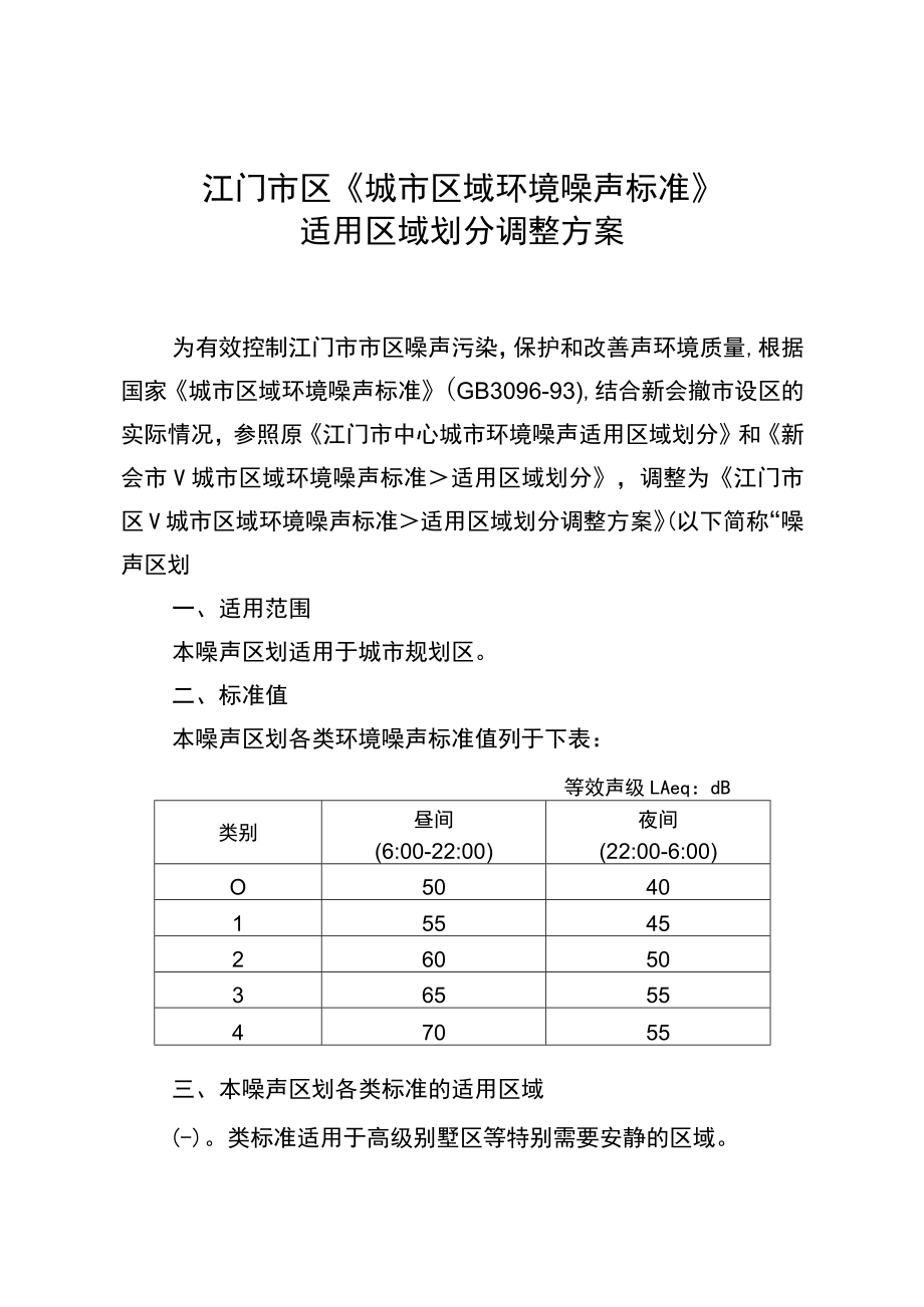 江门市区《城市区域环境噪声标准》适用区域划分调整方案.docx_第1页