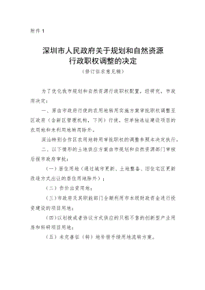 深圳市人民政府关于规划和自然资源行政职权调整的决定（修订征求意见稿）.docx