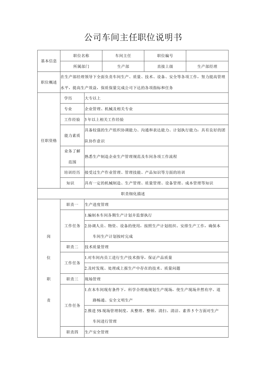 公司车间主任职位说明书.docx_第1页