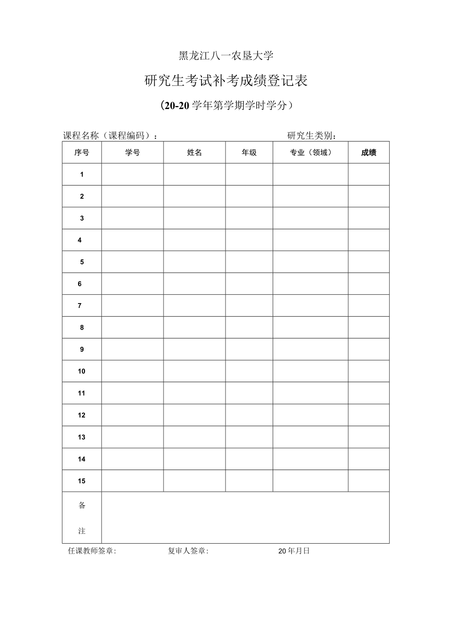 黑龙江八一农垦大学研究生考试补考成绩登记表.docx_第1页