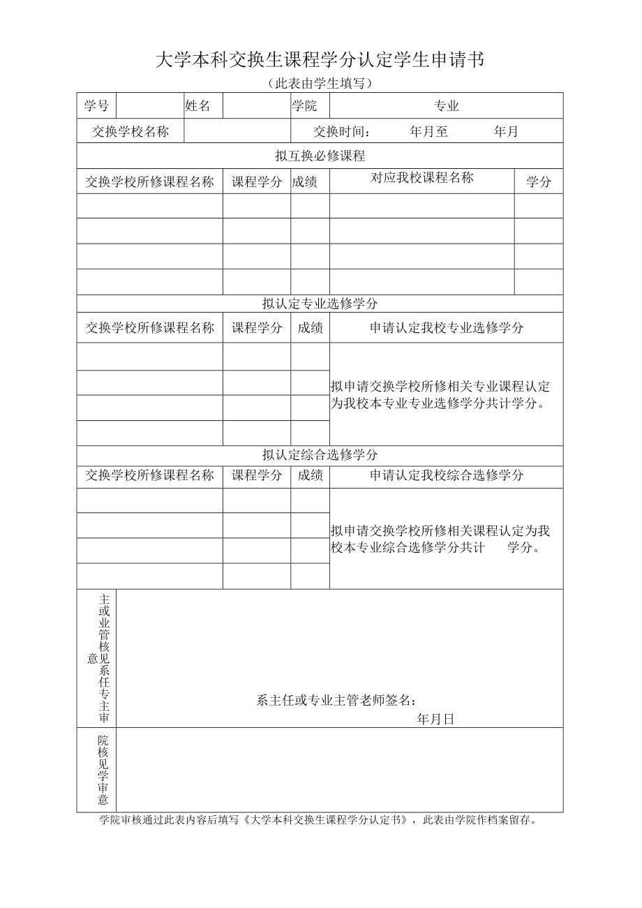 大学本科交换生课程学分认定学生申请书.docx_第1页