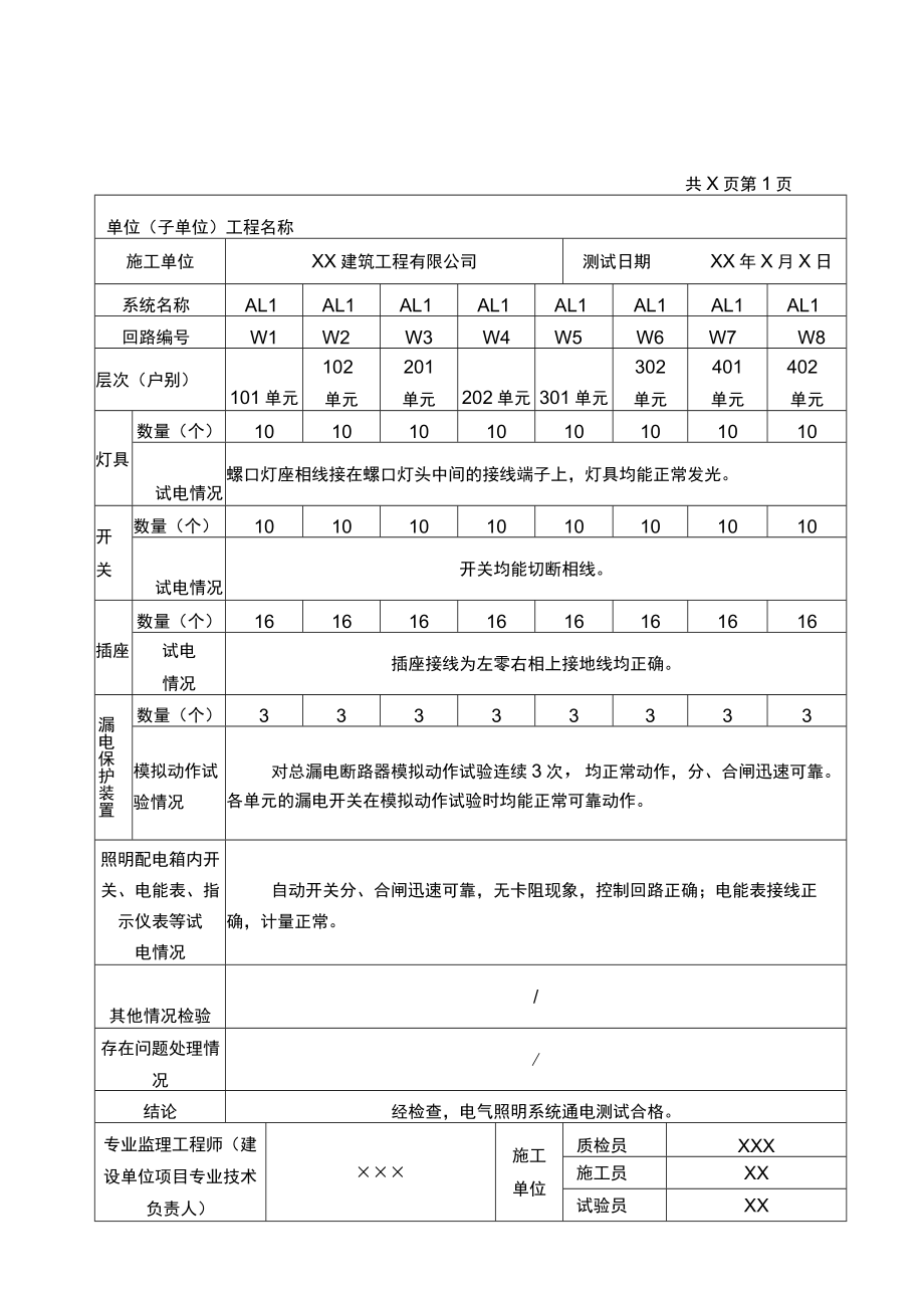 电气照明通电测试检验记录+运行记录.docx_第1页