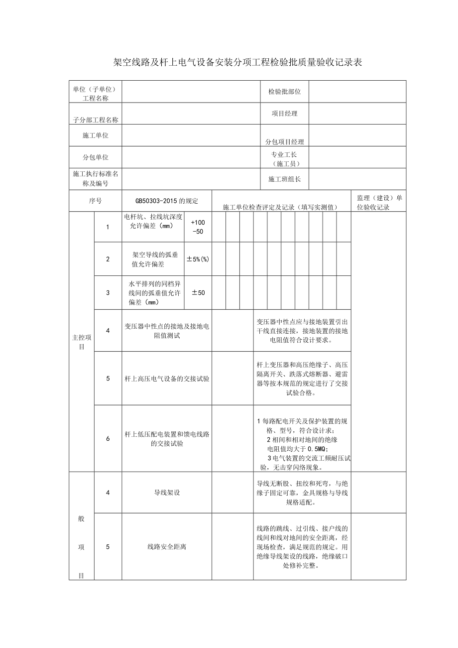 架空线路及杆上电气设备安装分项工程检验批质量验收记录表2.docx_第1页