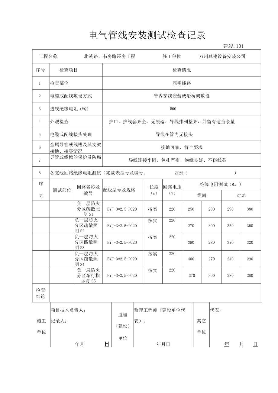 照明电气管线安装测试检查记录与照明工程验收记录表.docx_第1页