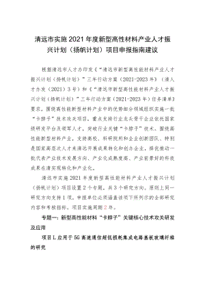 清远市实施2021年度新型高性材料产业人才振兴计划扬帆计划项目申报指南建议.docx