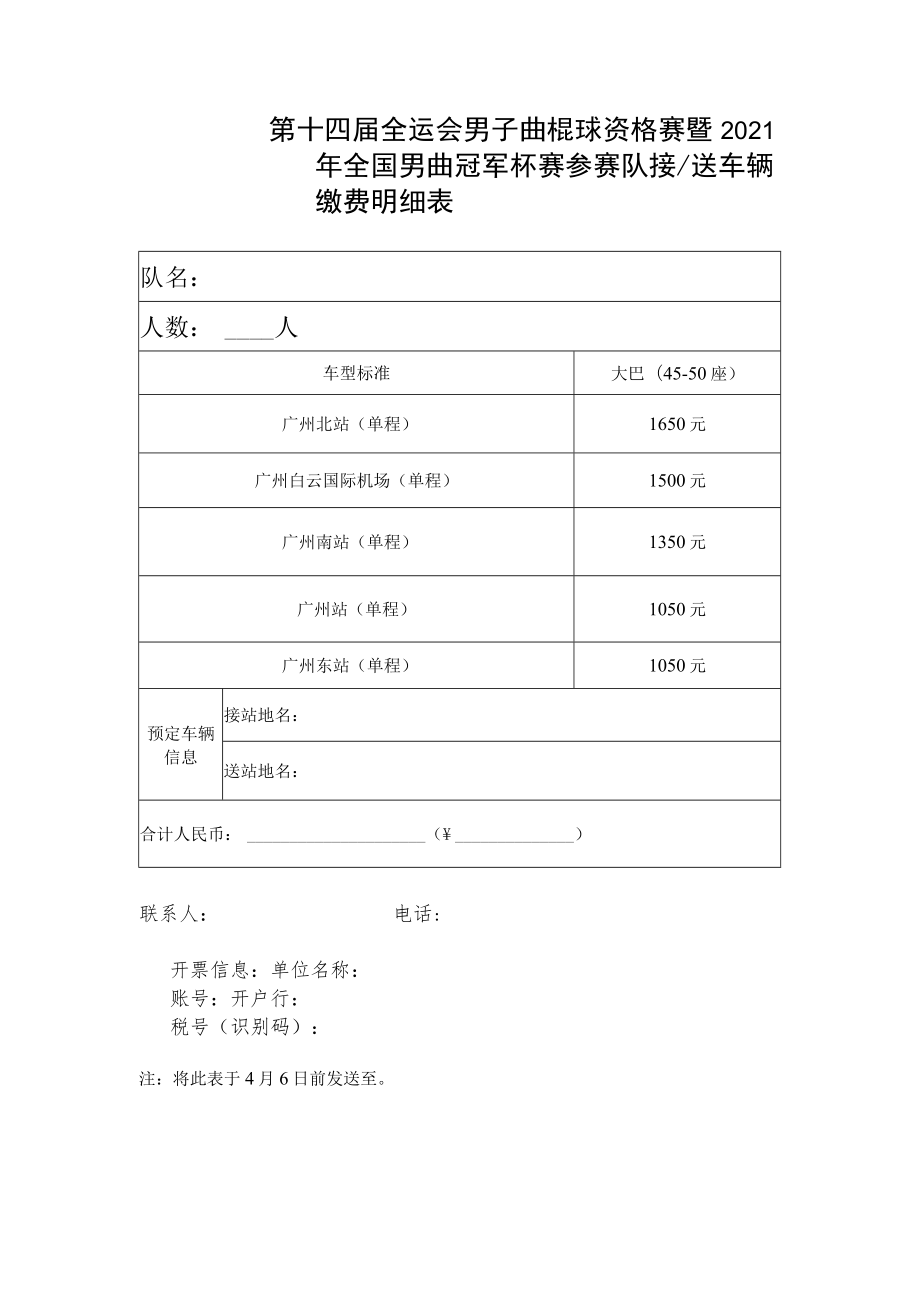 第十四届全运会男子曲棍球资格赛暨2021年全国男曲冠军杯赛参赛队接送车辆缴费明细表.docx_第1页