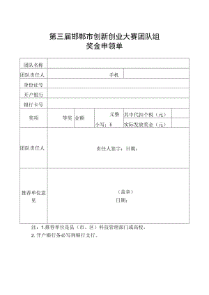 第三届邯郸市创新创业大赛团队组奖金申领单.docx