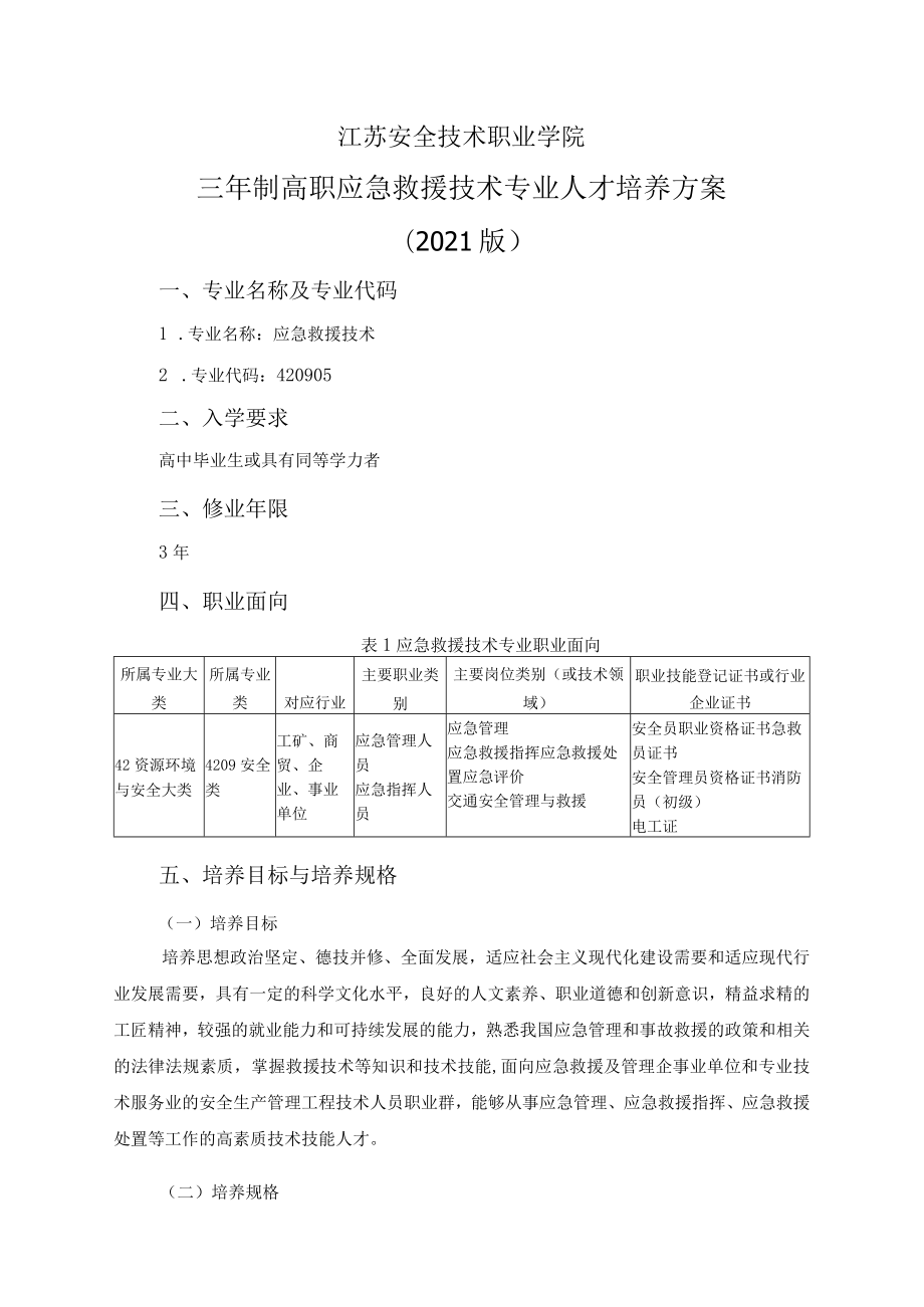 江苏安全技术职业学院三年制高职应急救援技术专业人才培养方案2021版.docx_第1页