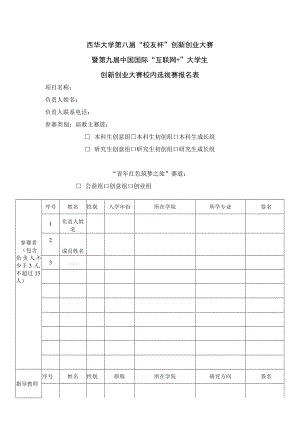 西华大学第八届“校友杯”创新创业大赛暨第九届中国国际“互联网 ”大学生创新创业大赛校内选拔赛报名表.docx