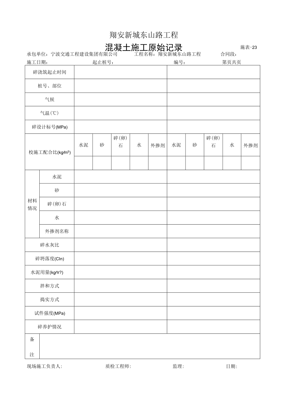 混凝土施工原始记录.docx_第1页