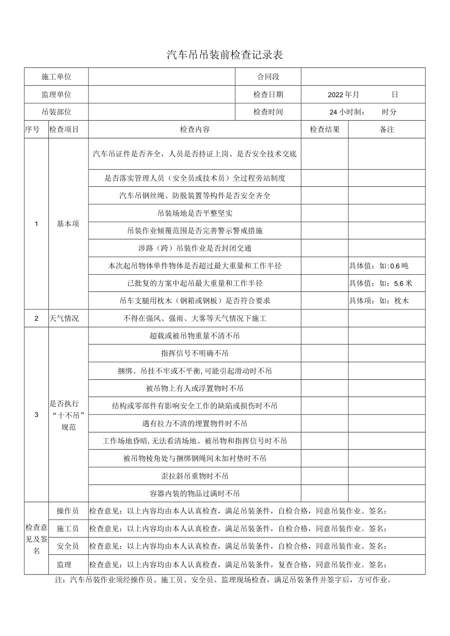 汽车吊吊装前检查记录表.docx_第1页