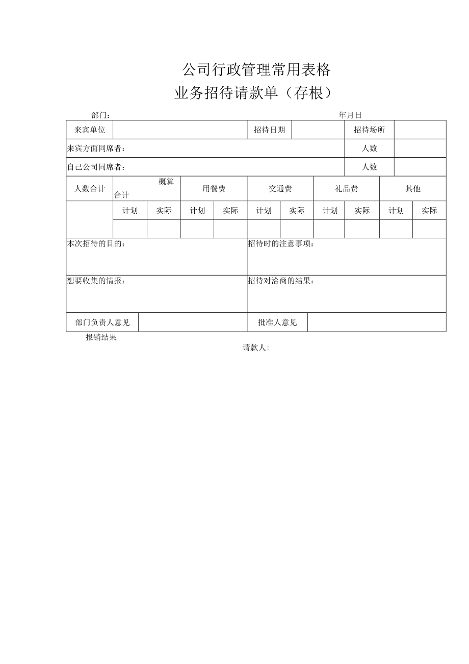 公司行政管理常用表格-业务招待请款单(存根).docx_第1页