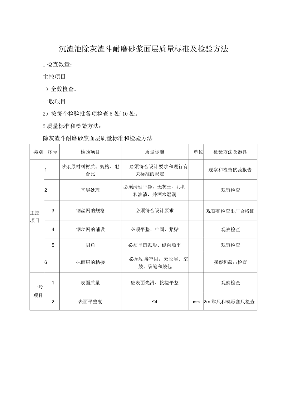 沉渣池除灰渣斗耐磨砂浆面层质量标准及检验方法.docx_第1页