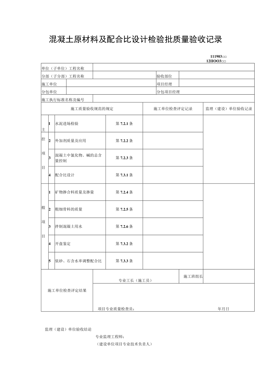 混凝土原材料及配合比设计检验批质量验收记录.docx_第1页