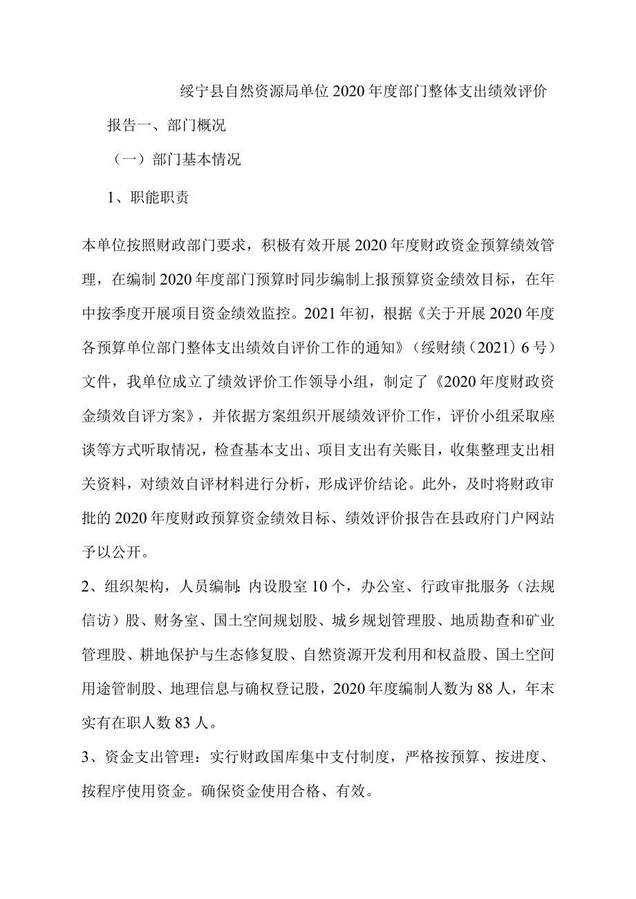 绥宁县自然资源局单位2020年度部门整体支出绩效评价报告.docx_第1页