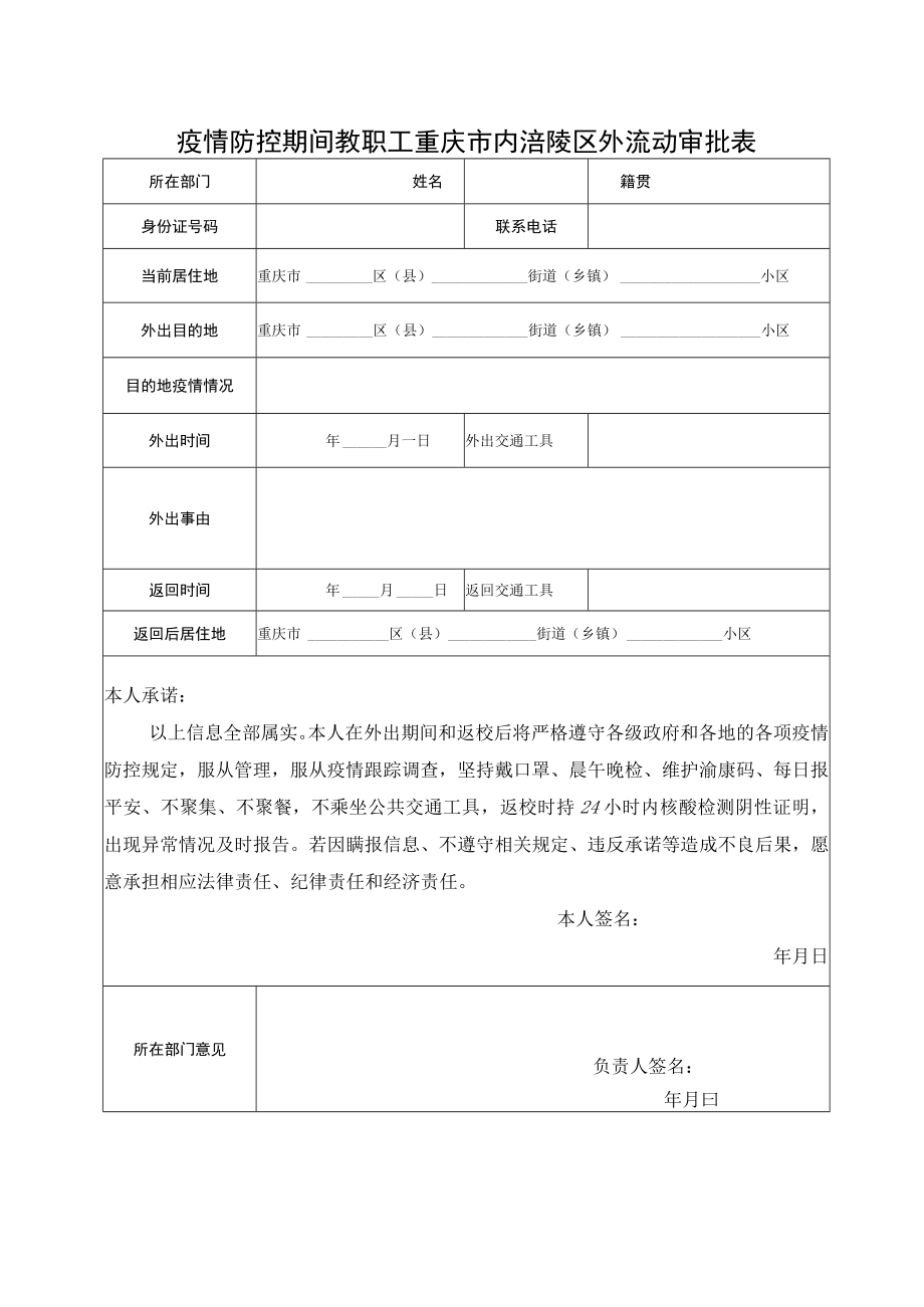 疫情防控期间教职工重庆市内涪陵区外流动审批表.docx