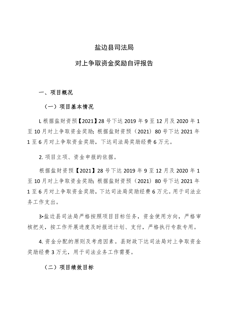 盐边县司法局对上争取资金奖励自评报告.docx_第1页