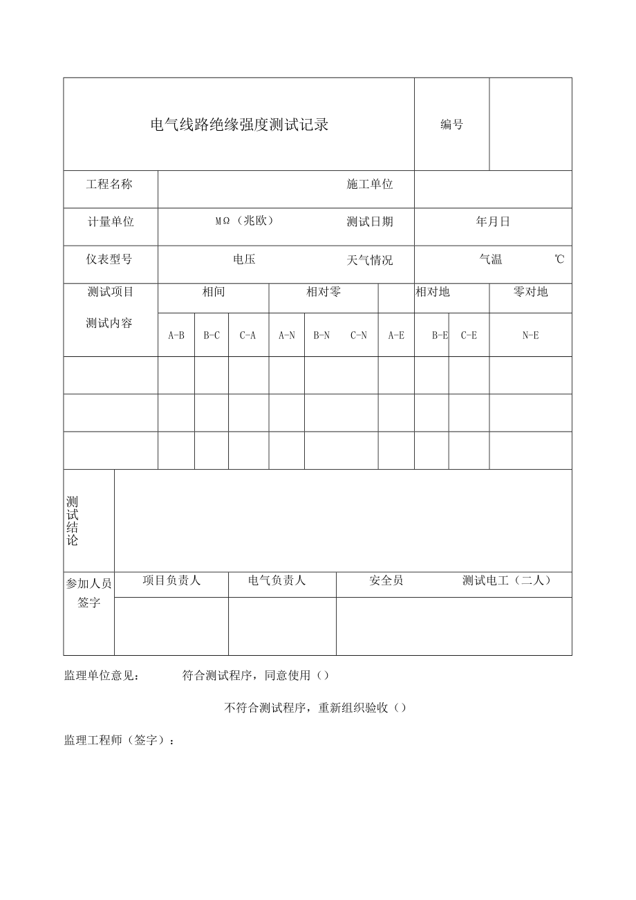 电气线路绝缘强度测试记录.docx_第1页