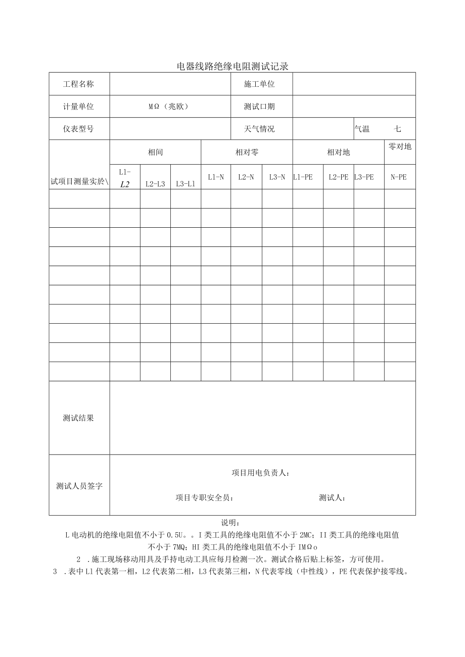 电器线路绝缘电阻测试记录.docx