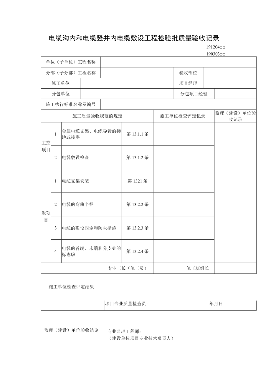 电缆沟内和电缆竖井内电缆敷设工程检验批质量验收记录.docx_第1页