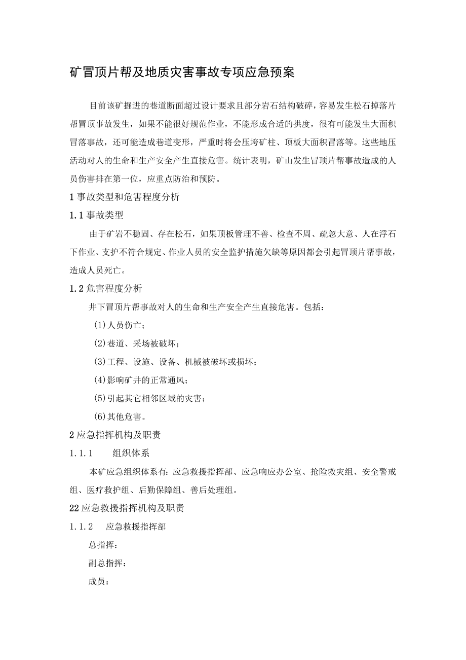 矿冒顶片帮及地质灾害事故专项应急预案.docx_第1页