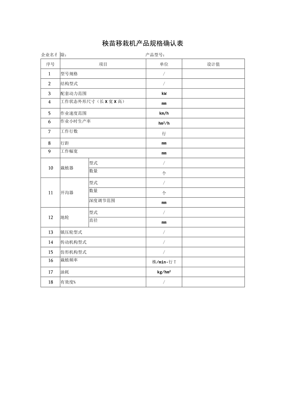 秧苗移栽机产品规格确认表企业名称产品型号.docx_第1页