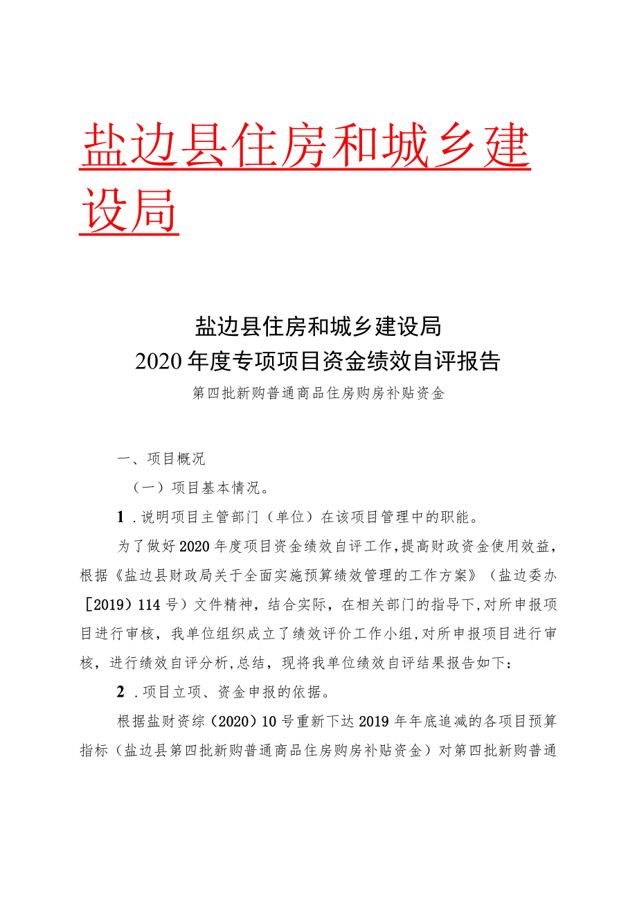 盐边县住房和城乡建设局2020年度专项项目资金绩效自评报告.docx