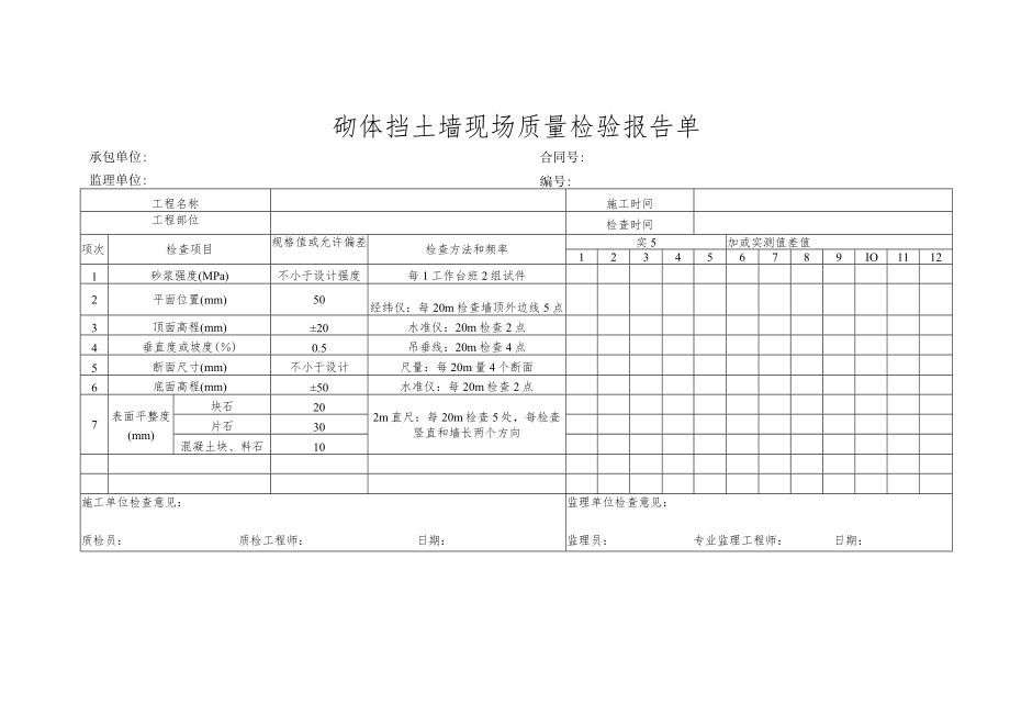 砌体挡土墙现场质量检验报告单.docx_第1页