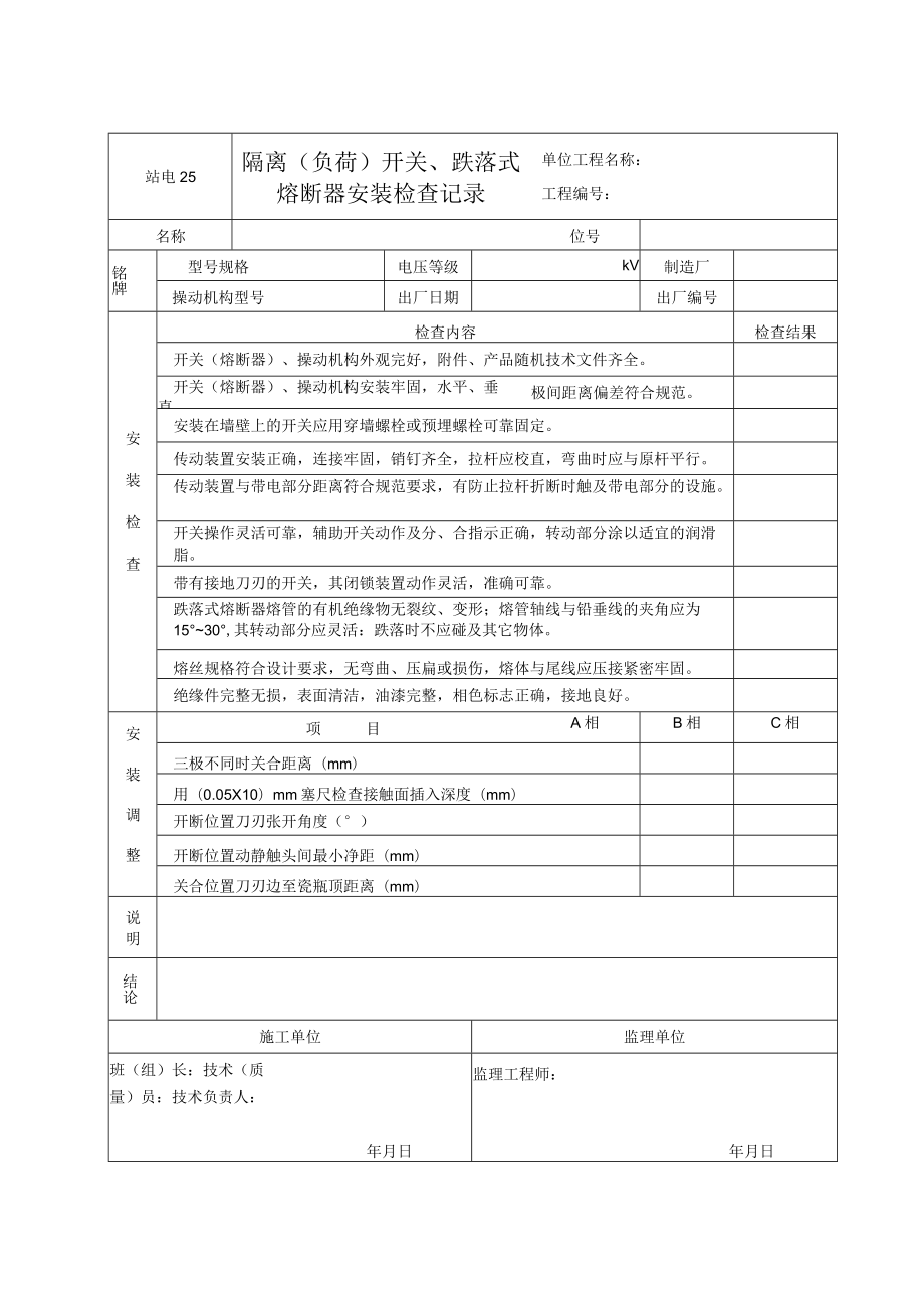 站电25 隔离（负荷）开关、跌落式熔断器检查记录.docx_第1页