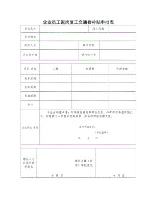 企业员工返岗复工交通费补贴申批表.docx