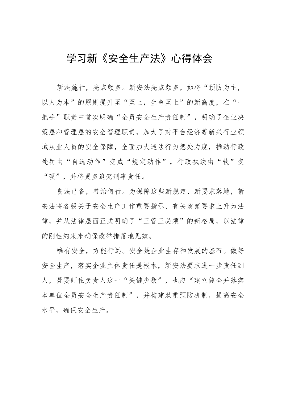 乘务车间人员学习新《安全生产法》学习心得十篇例文.docx_第1页