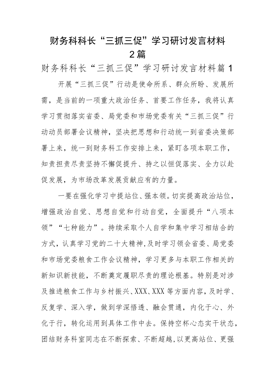 财务科科长“三抓三促”学习研讨发言材料2篇.docx_第1页