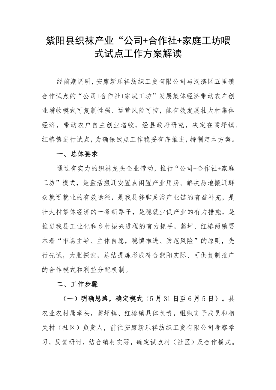 紫阳县织袜产业“公司 合作社 家庭工坊”模式试点工作方案解读.docx_第1页