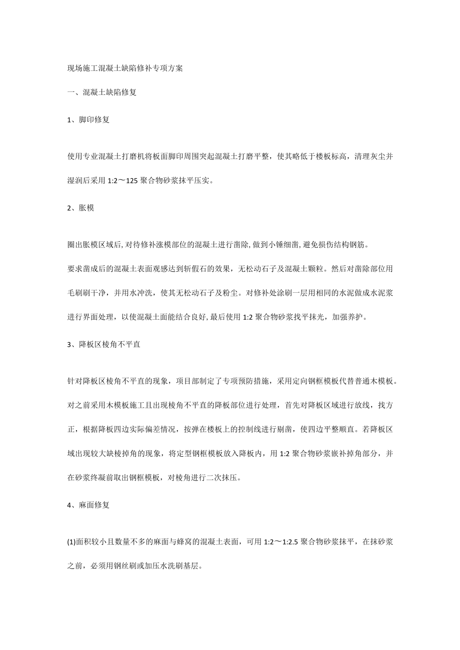 现场施工混凝土缺陷修补专项方案.docx_第1页