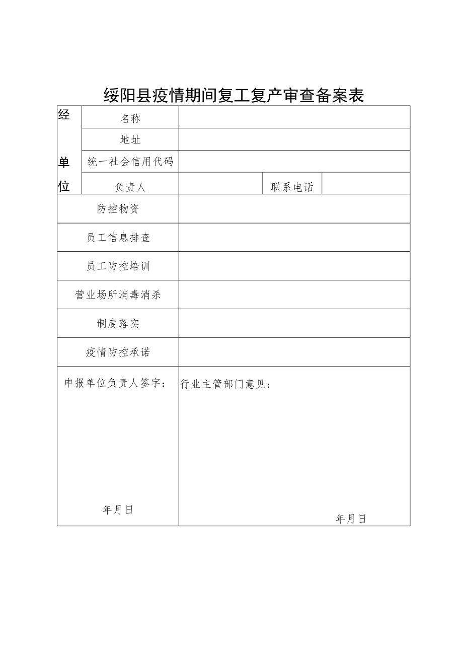 绥阳县疫情期间复工复产审查备案表.docx_第1页